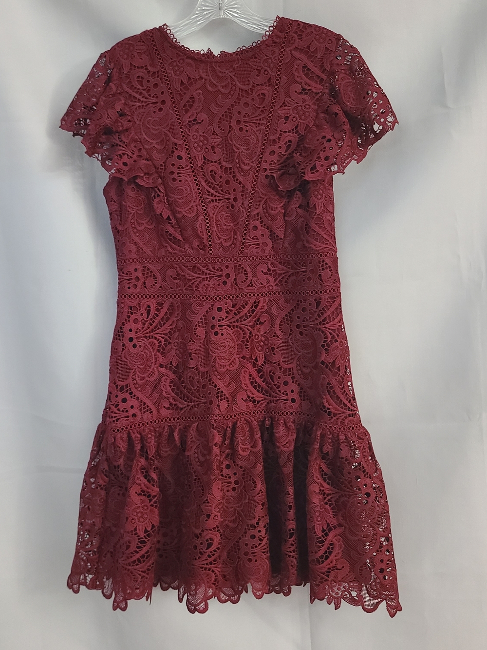 Express Sz M Burgundy Romantic Flutter Sleeve Lace Fit Flare Cocktail Mini Dress